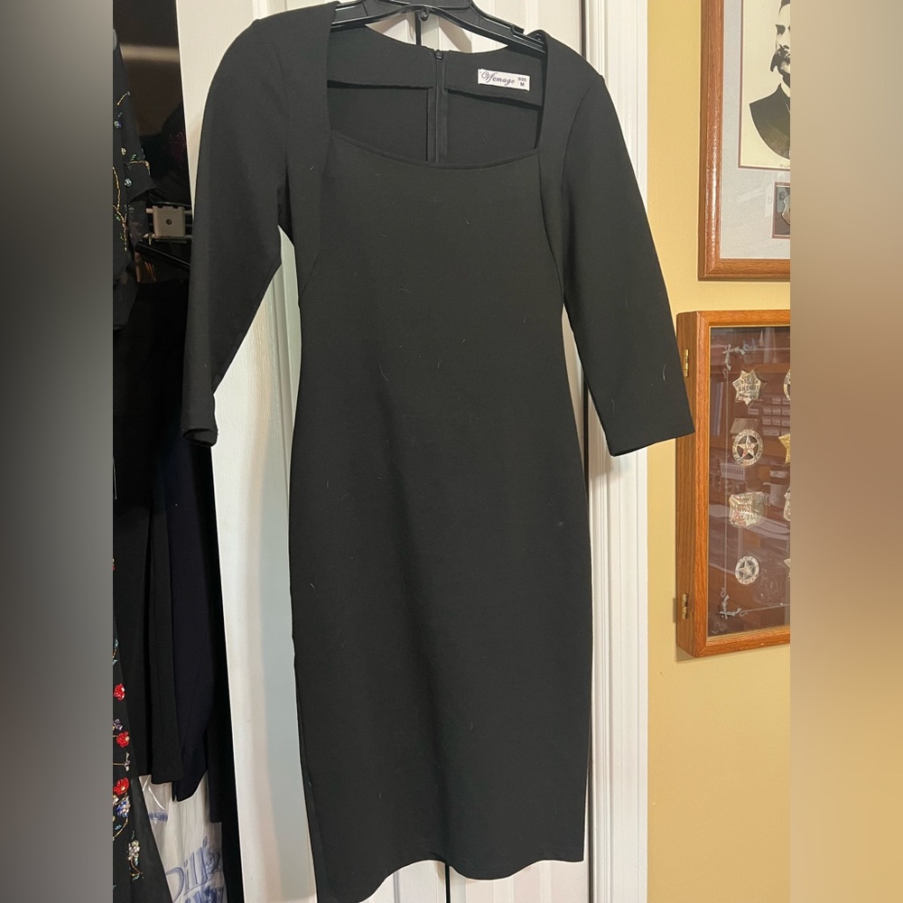 VfEmage Black Sheath Dress Long Sleeve Square Neck